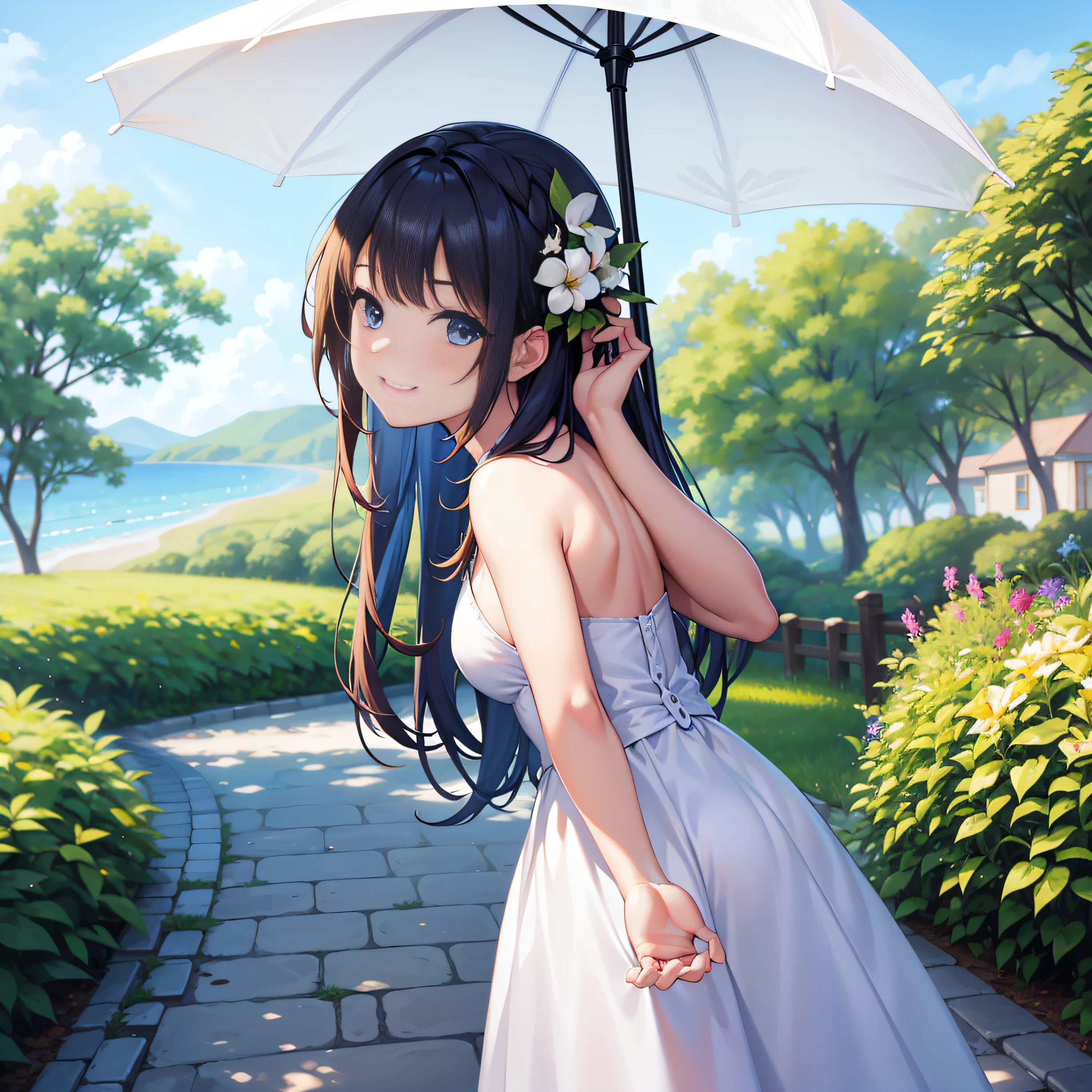 {{{{{masterpiece,best quality,ultra detailed}}}}},1 Woman,happy smile,beautiful golden hair,beautiful blue eyes,beautiful face,white summer dress,holding a  color of the rainbow parasol,beautiful sunny in front of Myrtle,side view,16k,