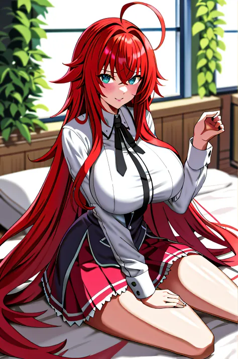 tmasterpiece，best qualtiy，A high resolution，best qualtiy，A high resolution，rias gremory，1girl，long whitr hair，校服，red hair，ahoge，eBlue eyes，huge tit，Extra-long hair，nedium breasts，Deep V-neck or fit，Huge chest，sockes，Crouch all over the tree