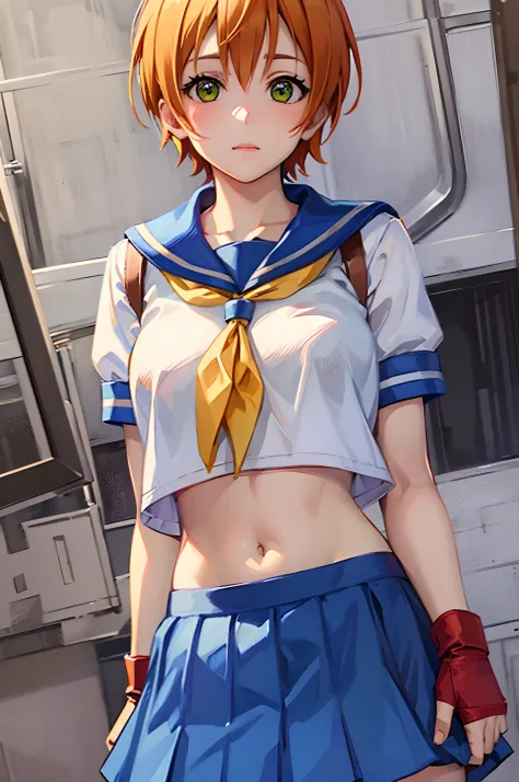 Hoshizora rin, orange hair, green eyes ,short hair, bangs, school uniform, crop top, red neckerchief, ((blue skirt)), fingerless...