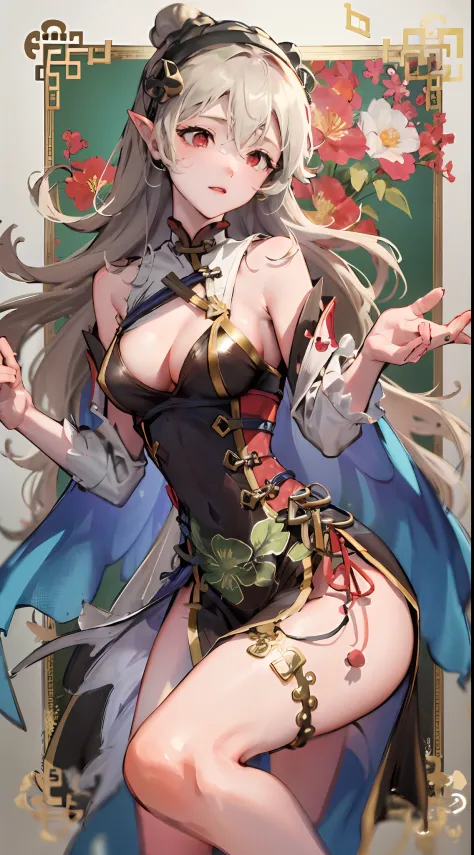 corrin,Fleshy thighs，with a pure white background，peeing self,C cup，Vigorous，China-style，High-class design sense，Promotional poster style，Red cheongsam，highly rendered，详细的脸
