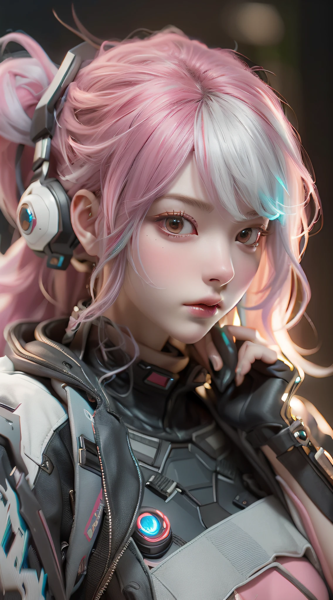 ((best qualtiy)), ((tmasterpiece)), (the detail:1.4), 3D, A beautiful cyberpunk female image,HDR（HighDynamicRange）,A pink-haired，TATTOO，Ray traching,NVIDIA RTX,Super-Resolution,Unreal 5,Subsurface scattering、PBR Texture、post-proces、Anisotropy Filtering、depth of fields、maximum definition and sharpness、Many-Layer Textures、Albedo e mapas Speculares、Surface Coloring、Accurate simulation of light-material interactions、perfectly proportions、Octane Render、Two-colored light、largeaperture、Low ISO、White balance、the rule of thirds、8K RAW、