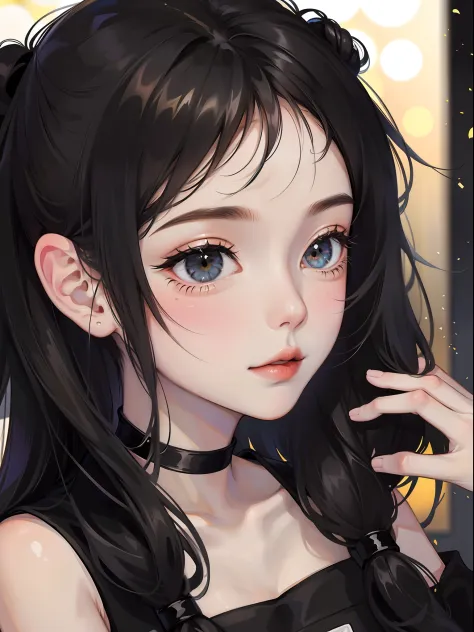 Close-up, anime girl, black hair, black eyes, black clothes, black cat