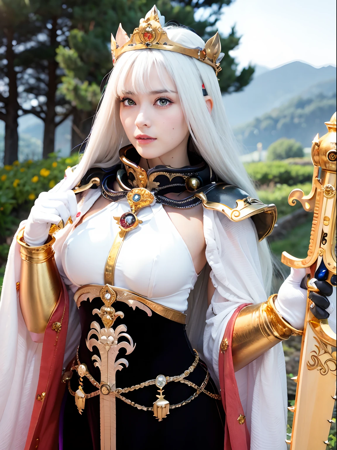 (masutepiece), Professional , ​masterpiece、top-quality、photos realistic , depth of fields （Gemstone Silver Metal Body:1.９),(Matte White、Jewel Gold Weapon（Jewel Metal Body:1.４),Gorgeous metal weapons , Detailed Sword of the Brave , Beautiful knife   ,warhammer 40k , adepta sororitas,Detail and ornate jewel crown、Black hair、Gangle's forest background、Beautiful Caucasian beauty、１a person、dynamic ungle,(((Detailed and ornate diamond crown)))、Smaller head、A smile、Take a sexy pose、Background inside the castle、Thin and beautiful female hands、