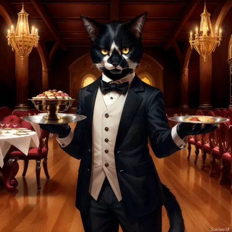 Leo, anthropomorphic, cat anatomy, standing upright, wearing black butlers uniform, serious face, glowing yellow eyes, elegant designs, cute paws for hands, highly detailed, masterpiece, (Holding_a_silver_platter:1.2), standing in a grand dining hall, offe...