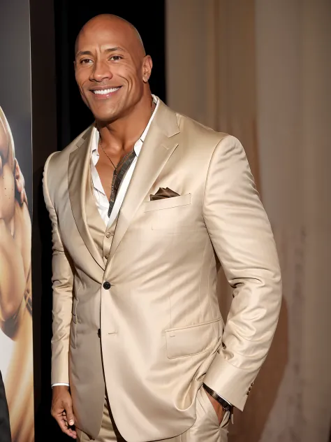 award-winning photo of th3r0ck ,as (beige suit:1.1), muscular, smiling face, wearing a suit, abdomen, background with low and ni...