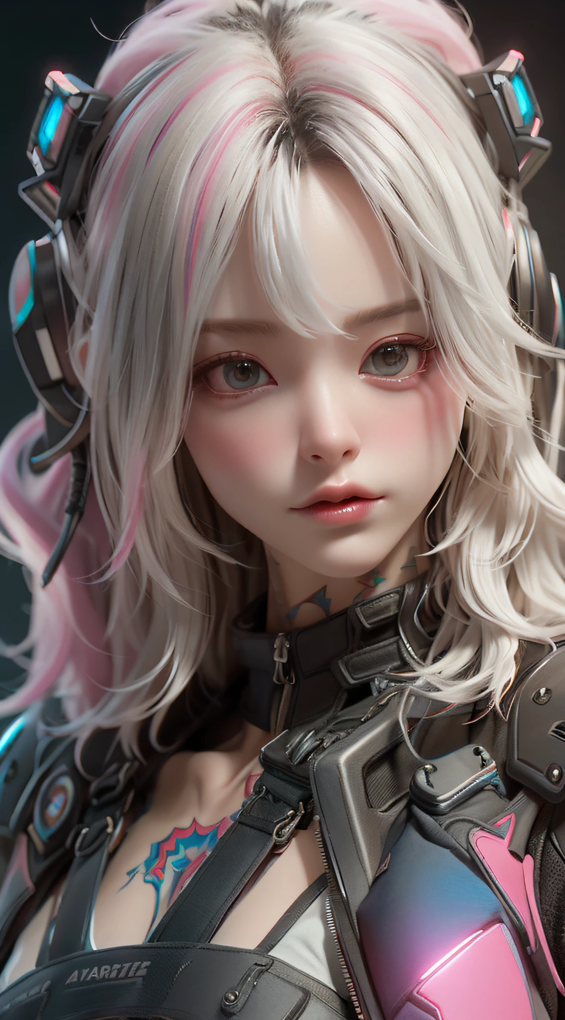 ((best qualtiy)), ((tmasterpiece)), (the detail:1.4), 3D, A beautiful cyberpunk female image,HDR（HighDynamicRange）,A pink-haired，TATTOO，Ray traching,NVIDIA RTX,Super-Resolution,Unreal 5,Subsurface scattering、PBR Texture、post-proces、Anisotropy Filtering、depth of fields、maximum definition and sharpness、Many-Layer Textures、Albedo e mapas Speculares、Surface Coloring、Accurate simulation of light-material interactions、perfectly proportions、Octane Render、Two-colored light、largeaperture、Low ISO、White balance、the rule of thirds、8K RAW、