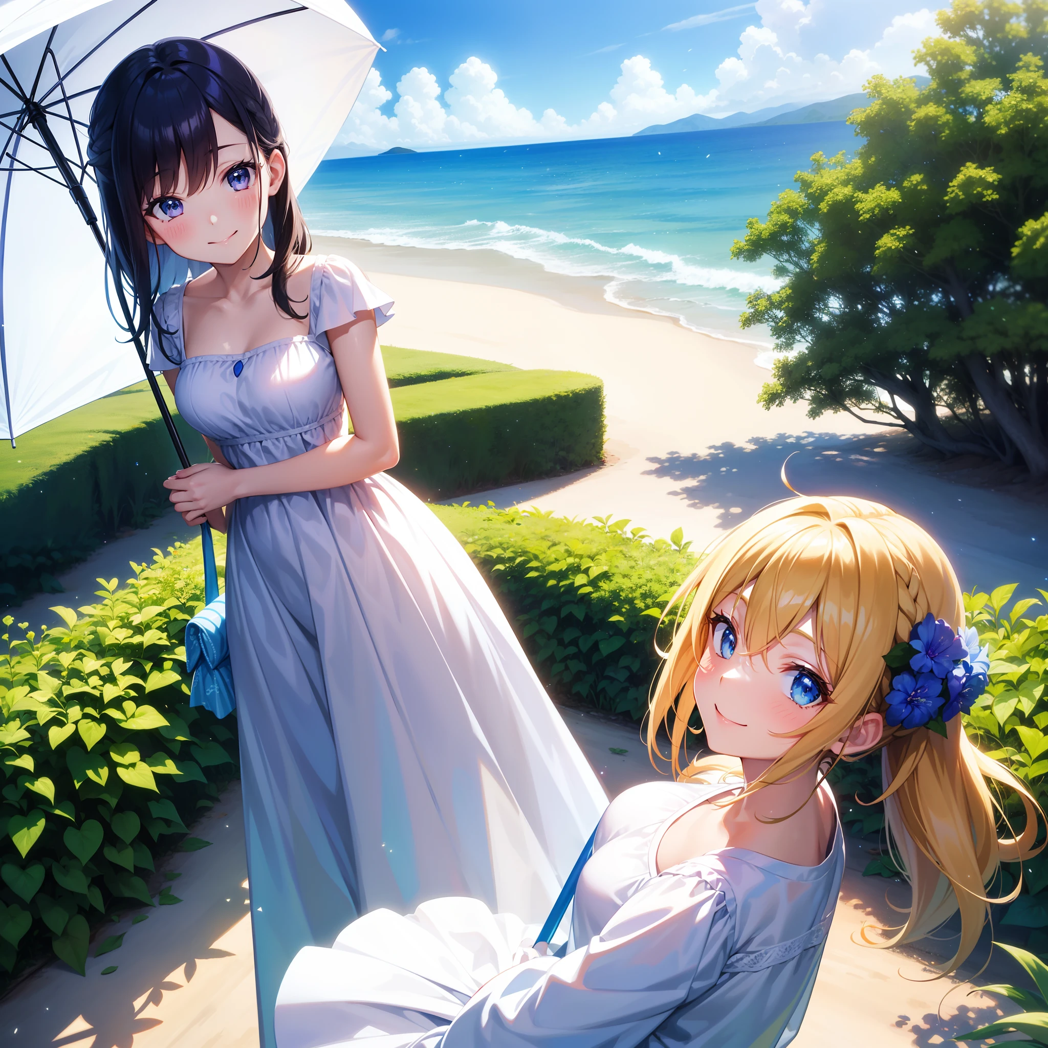 {{{{{masutepiece,Best Quality,ultra-detailliert}}}}},1 woman,Happy smile,Beautiful hair,Beautiful eyes,Beautiful face,White summer dress,Holding a rainbow-colored parasol,Beautiful sunny in front of Plumbago,Side view,16 K,