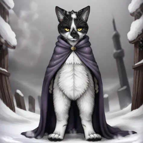 Leo, anthropomorphic black and white cat, cat anatomy, standing upright, purple cloak, steam_coming_out_of_nose:1.1, in a snow storm, serious face, standing upright, glowing yellow eyes, elegant designs, cute paws for hands, highly detailed, masterpiece, f...