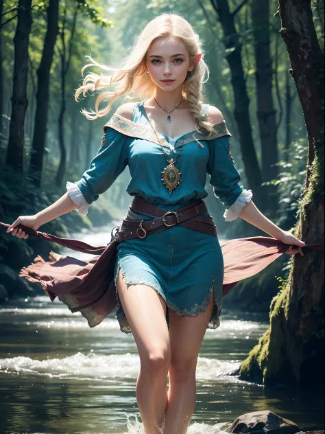 ((Masterpiece)), (high resolution:1.4), (standing:1.4), (dynamic pose:1.2), (on a river:1.2), blue tunic, beautifull elf woman, ...