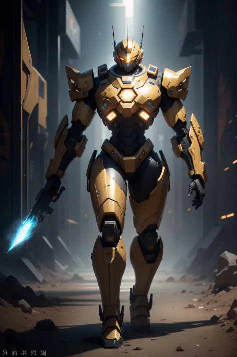Thick mech，Mighty and domineering，Black and gold color scheme，Space war，high texture detail，Full of power，Whole body diagram，China-style，Angular。