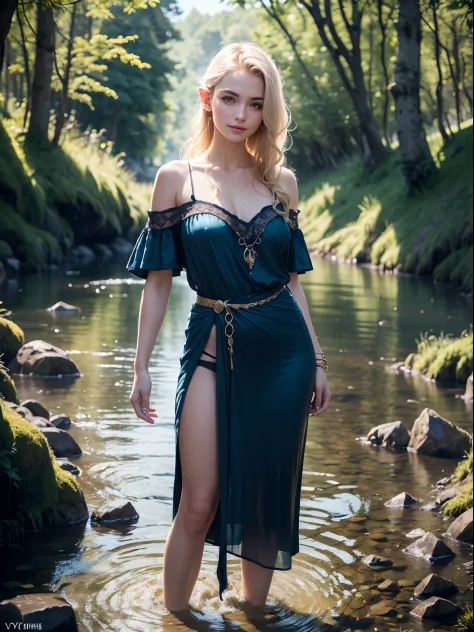 ((Masterpiece)), (high resolution:1.4), (standing:1.4), (erotic pose:1.2), (on a river:1.2), blue tunic, beautifull elf woman, b...