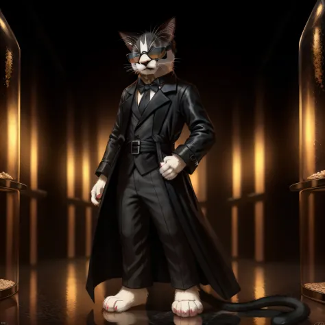 Leo, anthropomorphic, cat anatomy, standing upright, wearing solid black trench coat, black shirt, black_sunglasses:1.2, serious face,  elegant black snakeskin designs on clothes, cute paws for hands, highly detailed, masterpiece, standing in a dark labora...