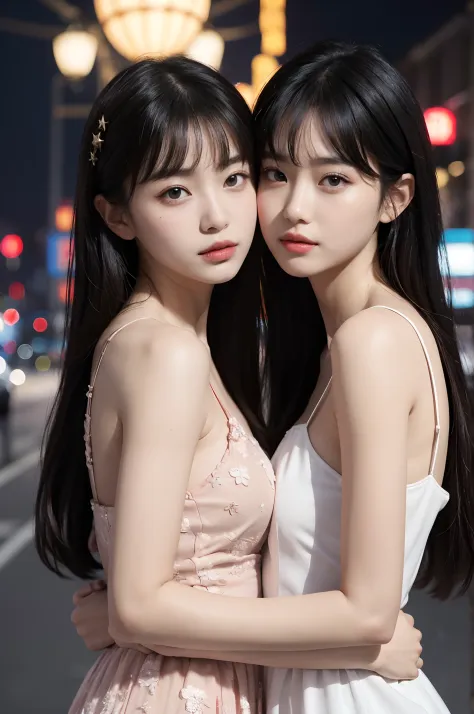 (Two Chinese stars with the style of royal sisters,duo,caressing the,Kissing), ((Best quality, 8K, Masterpiece: 1.3)), Focus: 1.2, Perfect body beauty: 1.4 , (funny expression), (Night Street: 1.3), Highly detailed face and skin texture, Fine eyes, Double ...