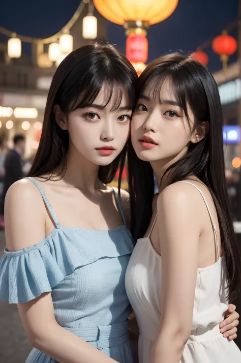 (Two Chinese stars with the style of royal sisters,duo,caressing the,Kissing), ((Best quality, 8K, Masterpiece: 1.3)), Focus: 1.2, Perfect body beauty: 1.4 , (funny expression), (Night Street: 1.3), Highly detailed face and skin texture, Fine eyes, Double ...