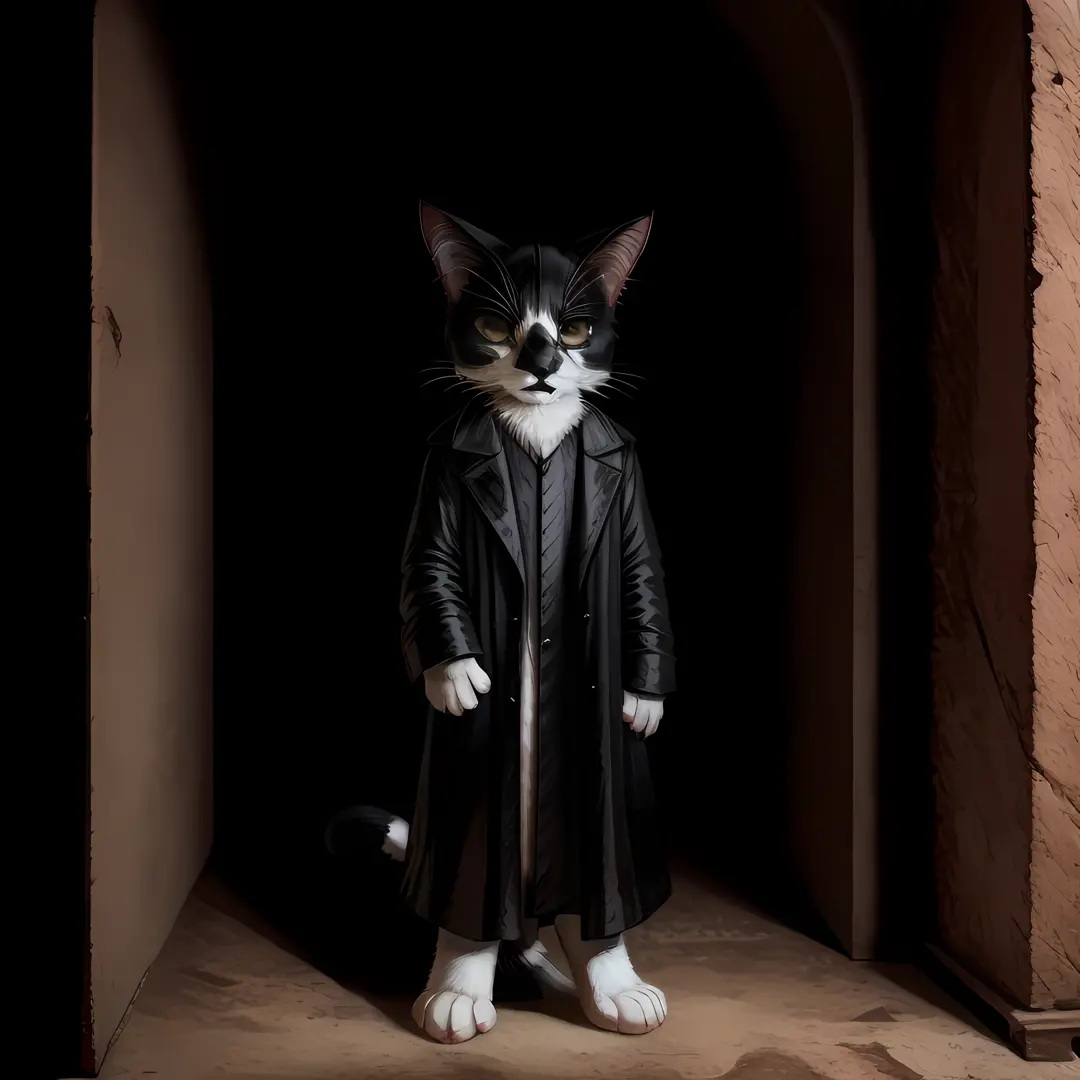 Leo, anthropomorphic black and white cat, cat anatomy, standing upright, wearing solid plain black trench coat, plain black shirt, black_sunglasses:1.2, serious face,  elegant black snakeskin designs on clothes, cute paws for hands, highly detailed, master...