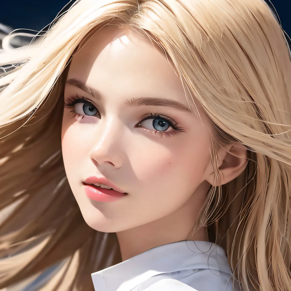 (8K, RAW Photos, of the highest quality, Masterpieces: 1.2), (Realistic, Photorealistic: 1.37), Highest Quality, Ultra High Resolution, light  leaks, Dynamic lighting, Slim and smooth skin, (Full body:1.3), (Soft Saturation: 1.6), (Fair skin: 1.2), (Glossy skin: 1.1), Oiled skin, 22 years old, Night, shiny white blonde, Well-formed, Hair fluttering in the wind, Close-up shot of face only, Physically Based Rendering, From multiple angles, The bikini