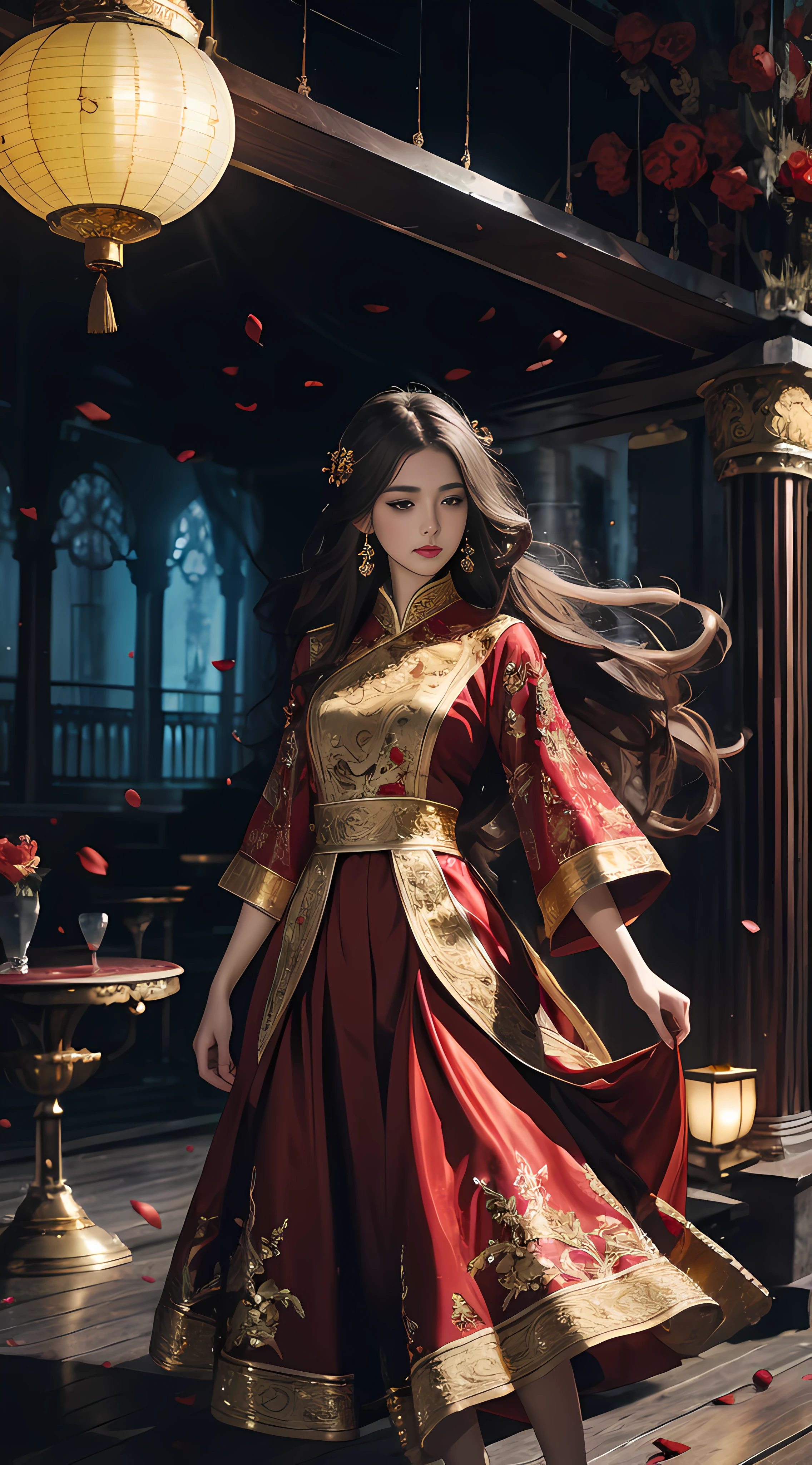 best quality, masterpiece, highres, (exquisite body:1.5),gorgeous face,(milky skin:1.3),intricate details,high resolution,wallpaper,
1girl, solo, dress, hair ornament, (((gold and red dress))), flowers, long hair, brown hair, closed mouth, jewelry, long sleeves, hand up, wide sleeves, big eyes,floating hair, chinese clothes, hanfu, embroidery, long skirt, natural pose, falling petals, indoor,fanning, lantern,
16K,HDR,highres,depth field,(film grain:1.1),boken,golden hour,(lens flare),vignette,rainbowing,(color grading:1.5)