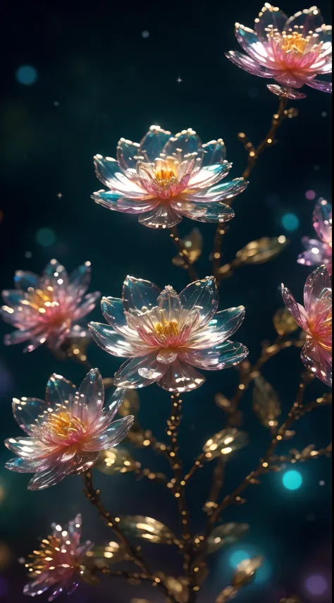 crystal spring blossom,
fantasy, galaxy, transparent, 
shimmering, sparkling, splendid, colorful, 
magical photography, dramatic...