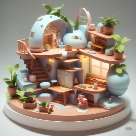 There is a small doll house with stairs and kitchen, stylized 3d render, cute 3 d render, 3 d render stylized, stylized as a 3d render, animation style render, 3D illustration, 3 D 插图, rounded house and cute character, super detailed render, kawaii hq rend...