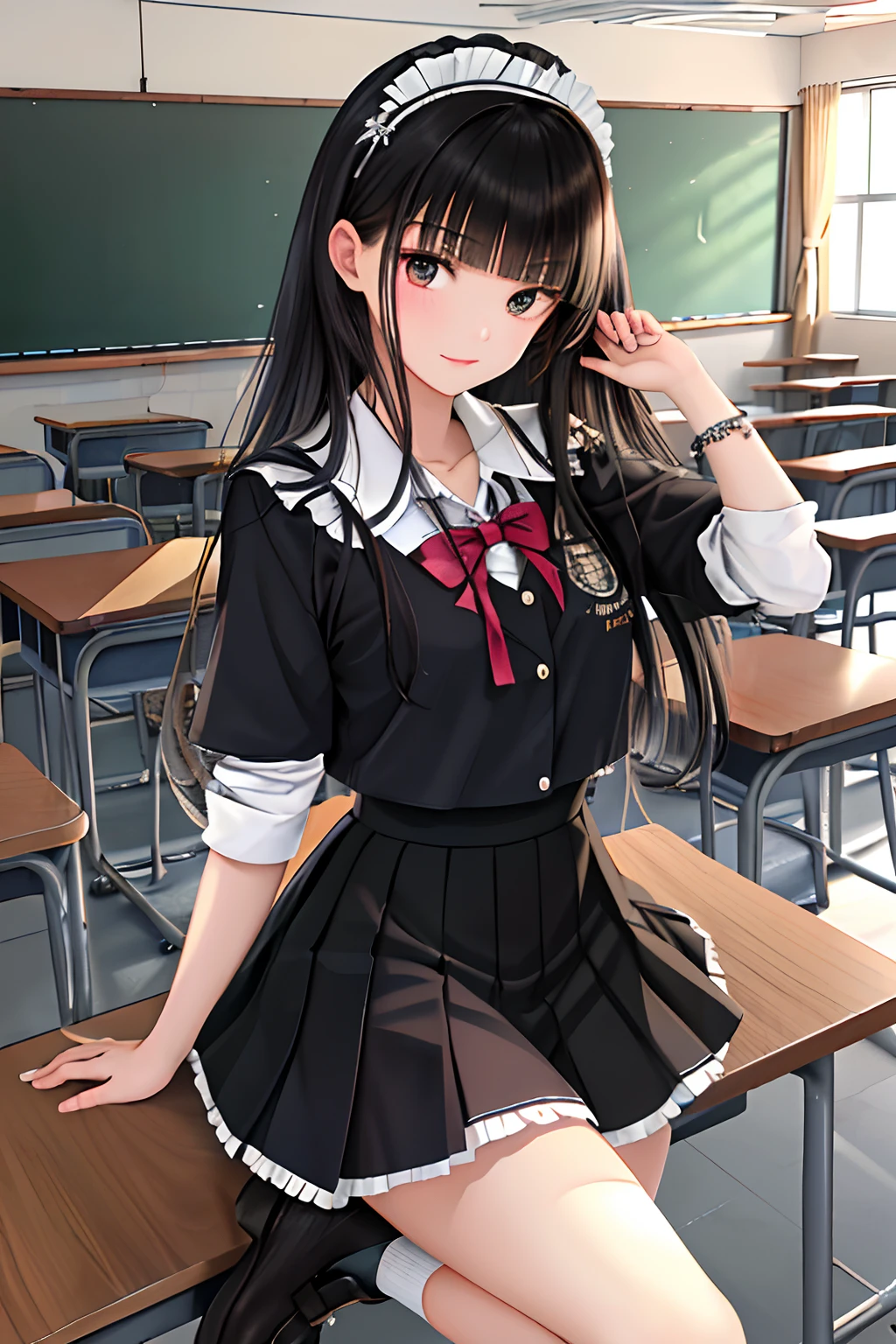 Masterpieces,Best quality,1girll,Long hair,Black hair,Blunt bangs,side locks,,Collar,Short frilled skirt,Cowboy shot:p,Tsundere,(tareme:1.2),hair adornments,shoes,Classroom, blackboards,