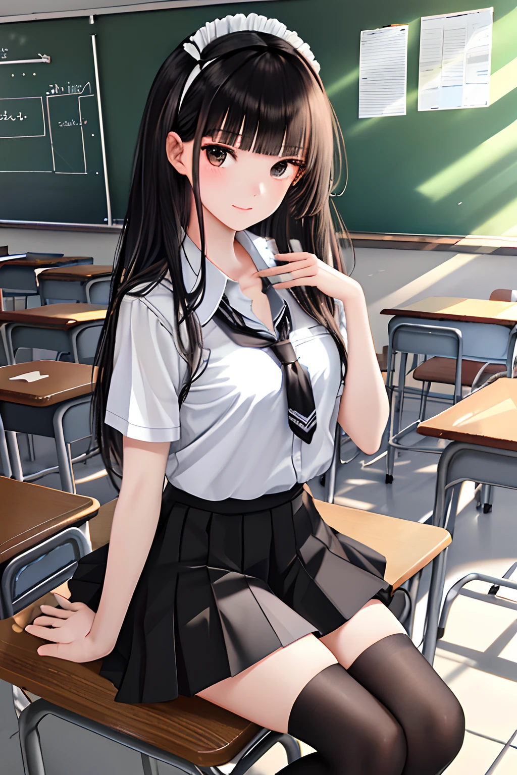 Masterpieces,Best quality,1girll,Long hair,Black hair,Blunt bangs,side locks,,Collar,Short frilled skirt,Cowboy shot:p,Tsundere,(tareme:1.2),hair adornments,shoes,Classroom, blackboards,