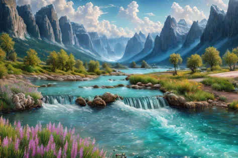 paysage, eau cristalline, (Extremely detailed CG Unit 8k wallpaper), World's most beautiful work of art, Professional majestic oil painting, complexe, High detail, mise au point nette, dramatique, Photorealistic painting art