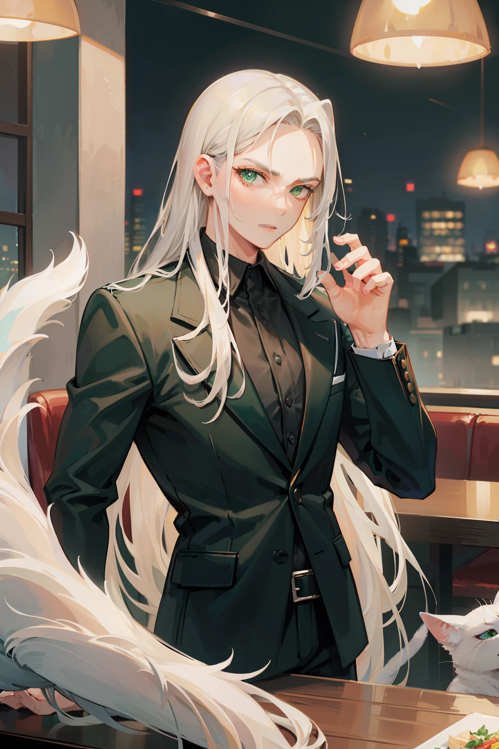 (masterpiece), best quality, detailed hair detailed face, ultra high res, sharp focus, ((1 man, solo)), perfect masculine face, upper body, medium close-up, low angle shot, (at the night time:1.2), at the restaurant, Sephiroth from Final Fantasy, look at the viewer, silver white hair, flowing long hair, ((perfect shape eyes, green cat eyes)), formal masculine outfit, (masculine pose:1.4)