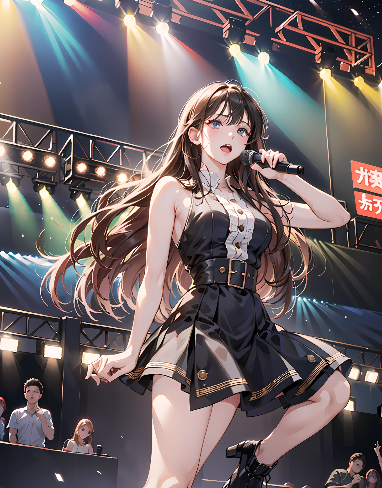 (masterpiece, best quality:1.37), (raw photo:1.2), (realistic, photorealistic:1.37), anime style, (ultra-detailed:1.3), (hyper sharp:1.3), BREAK,  Detailed prompts for illustrations of idol singers singing live on stage:

The idol singer stands in the center of the stage.
Idol singers wear miniskirts and boots.
Idol singers have long hair down.
The idol singer is singing with a microphone in hand.
Idol singers move their bodies according to the lyrics.
Fans gather around idol singers.
Fans are rooting for idol singers.
The stage is brightly lit.
In the background of the stage is a large screen.
Images of idol singers are displayed on the screen.
The singing voices of idol singers are echoing throughout the venue.
Fans are intoxicated by the singing voice of idol singers.
Idol singers are giving joy to their fans.
This illustration expresses the enthusiasm of an idol singer's live performance. Fans are fascinated by the singing voice and performance of idol singers. Idol singers are giving joy to their fans.