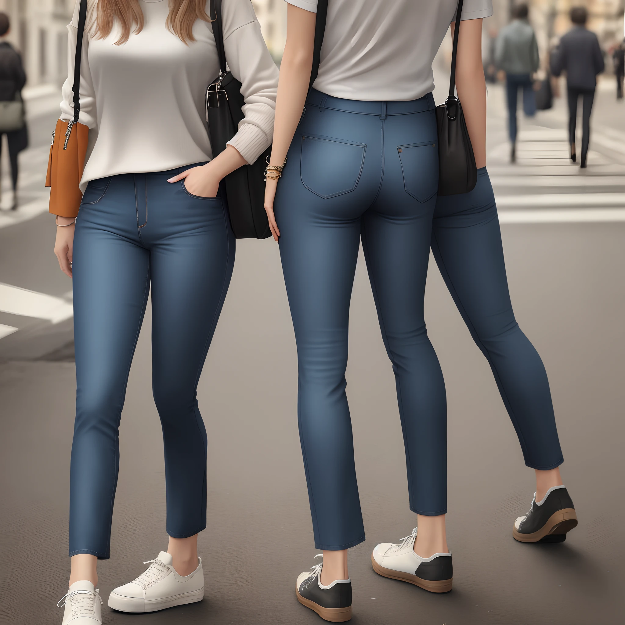 Dos mujeres con jeans y camisas blancas caminan por la calle - SeaArt AI