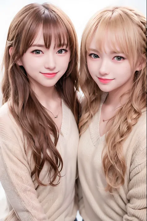 perfect anime illustration, 2girls, twin sisters, identical sisters, brown hair, blonde hair, (1 blonde girl, 1 brown haired girl, different hair colors), curly hair, matching hairstyle, hazel eyes, smiling, ((matching outfits)), matching hairstyles, white...