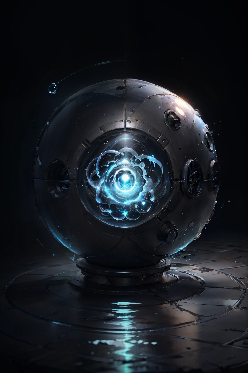 There is a mechanical base，The blue center is surrounded by water, water particle in front, 3D icons for next-gen games, Liquid luminescent aura, liquid simulation background, iridescence water elemental, luminous water elemental, fantasy game spell symbol, mana flowing around it, water powers water swirling, magical glowing sphere in midair, water elemental