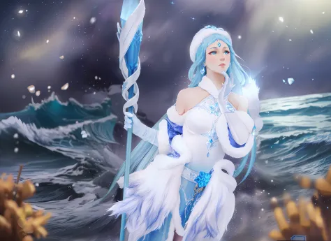 there was a woman in blue and white with a spear, ice sorceress, queen of ice and storm, crystal maiden, anime cosplay, ice mage...