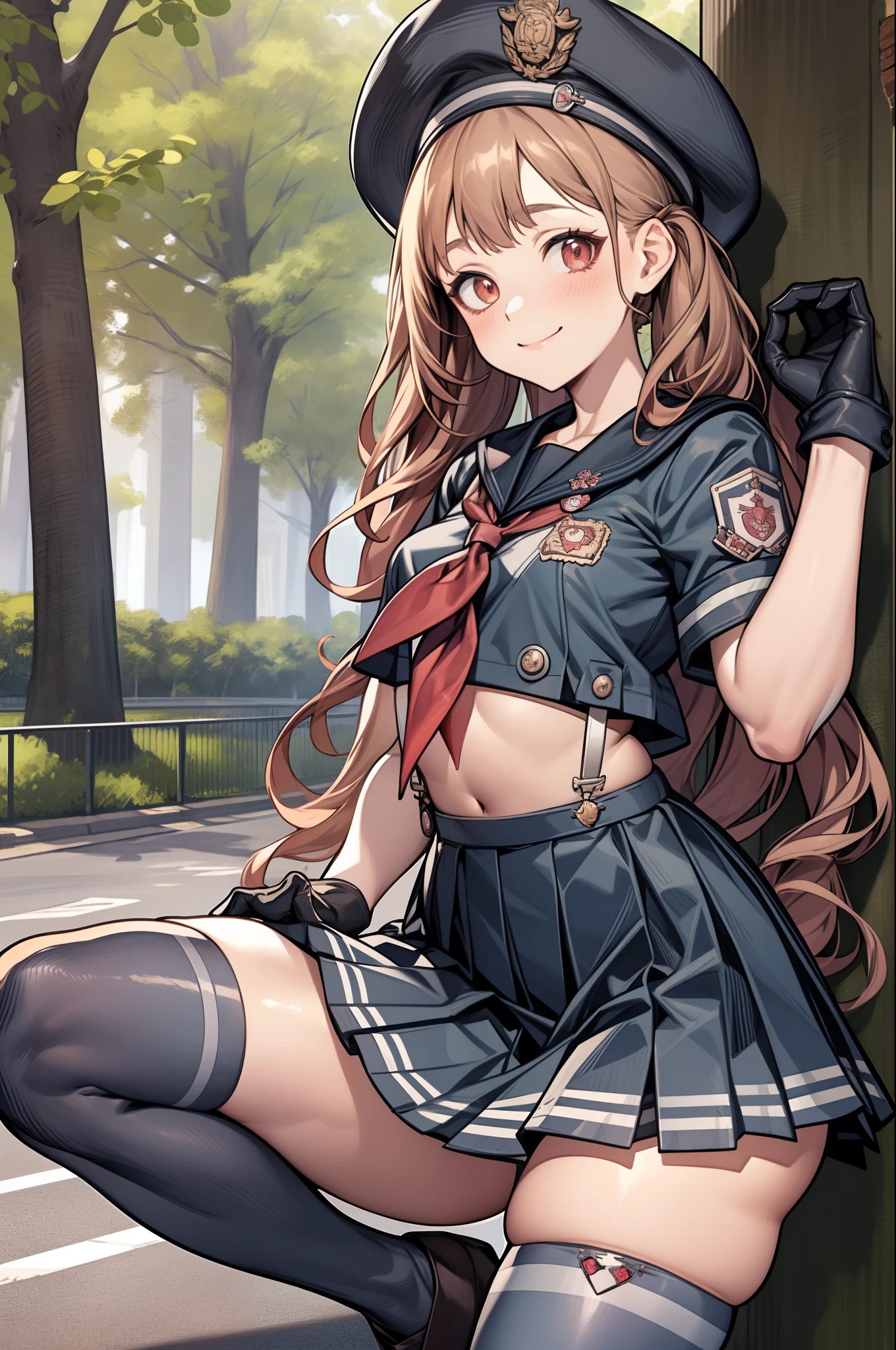 masterpiece, best quality, miranda, hat, serafuku, midriff, suspenders, red neckerchief, pleated skirt, black gloves, black thighhighs, thick thighs, cowboy shot, looking at viewer, smile, crouching, park, trees