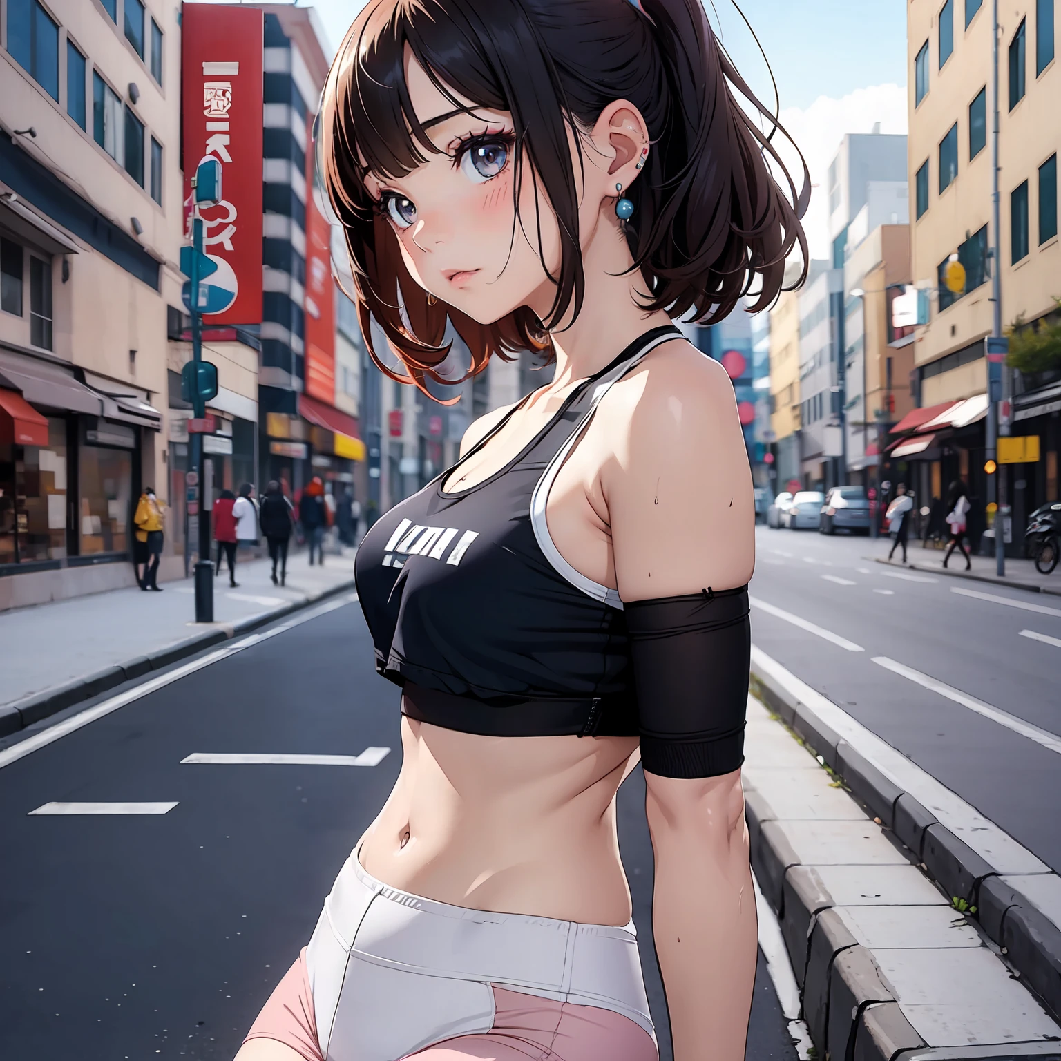 (masterpiece), (1girl, solo, alone:1.1), beautiful anime girl, street, sexy, 
make up, blush, earring, sneakers, 1girl, pantyhose, sports bra, sexy