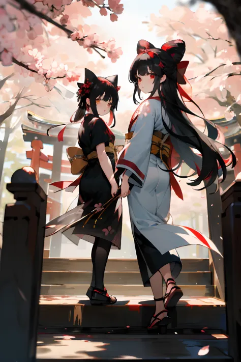 ((masterpiece,best quality)),2girls, black kimono, black legwear, black ribbon, black hair, cherry blossom, daytime, flower, bun...