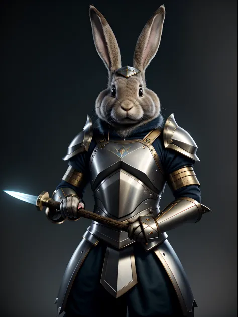 Close up of a rabbit in armor holding a sword, rabbit warrior, bunny with helmet and sword, Anthropomorphic rabbit, rabbt_Character, cute anthropomorphic bunny, wojtek fus, Fur armor, Rabbit, Adam Marczyński, in bunny suits, hyperrealistic fantasy art, Wea...