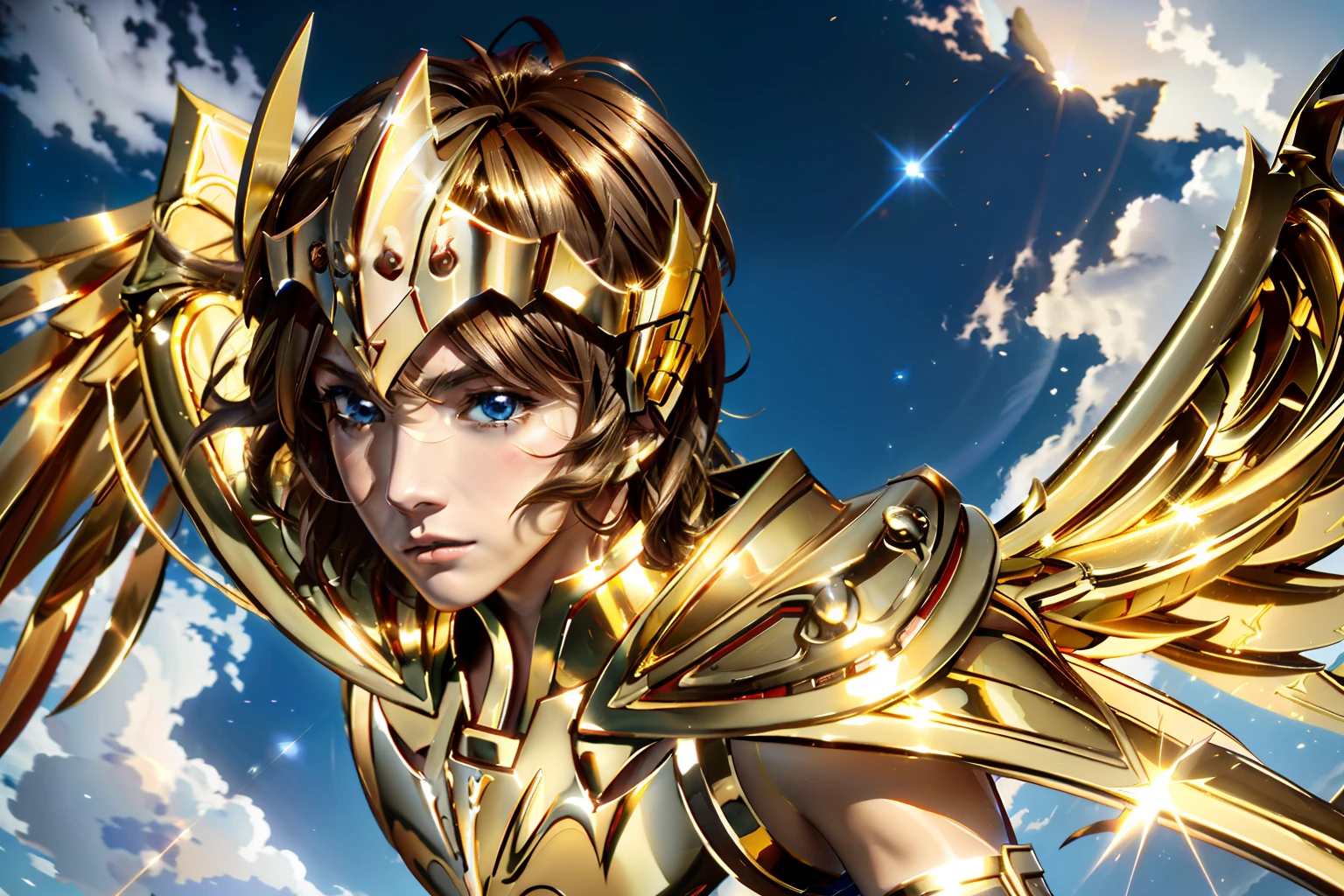 SagittariusArmor, gold armor, Henry Cavil as 1boy,  armor, brown hair, blue eyes, long gold wings, dramatic sky, looking at viewer, armor, short hair, closed mouth, upper body, serious, helmet, landing on empty field