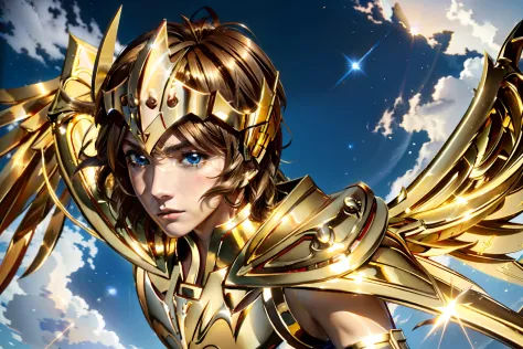 SagittariusArmor, gold armor, Henry Cavil as 1boy,  armor, brown hair, blue eyes, long gold wings, dramatic sky, looking at view...