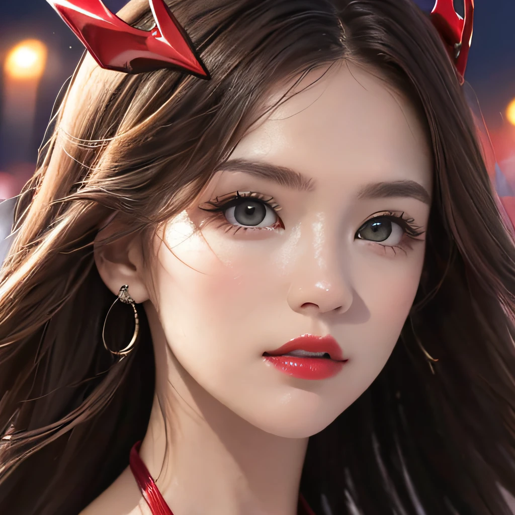 (8K, RAW Photos, of the highest quality, Masterpieces: 1.2), (Realistic, Photorealistic: 1.37), Highest Quality, Ultra High Resolution, light  leaks, Dynamic lighting, Slim and smooth skin, (Full body:1.3), (Soft Saturation: 1.6), (Fair skin: 1.2), (Glossy skin: 1.1), Oiled skin, 22 years old, Night, shiny white blonde, Well-formed, Hair fluttering in the wind, Close-up shot of face only, Physically Based Rendering, From multiple angles, The bikini, Red Mask, The mouth is visible, Red glowing lipstick