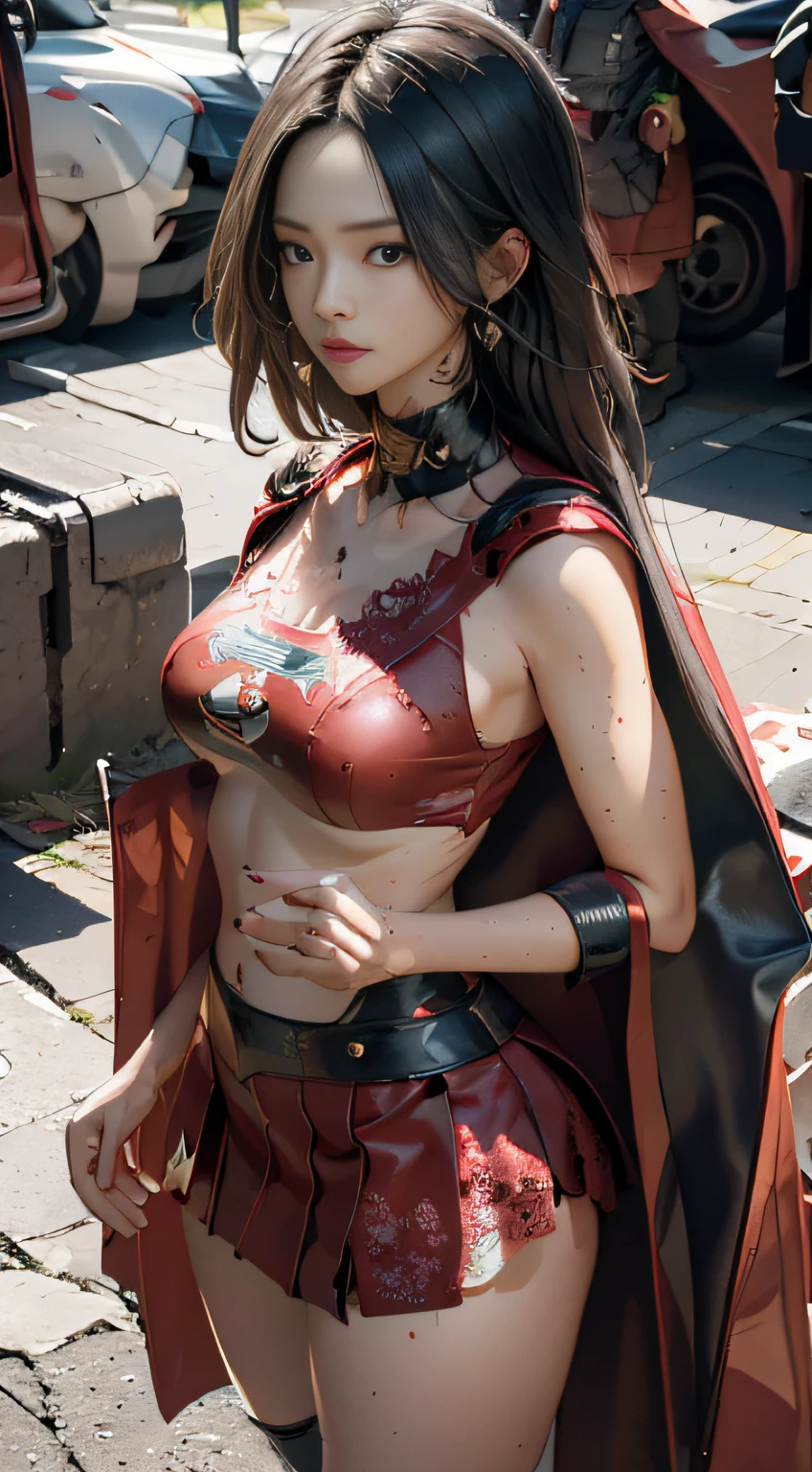 (1girll:1.3), 独奏,__Body parts__, offcial art, 统一 8k 壁纸, ultra - detailed, Beautiful and aesthetic, big breasts beautiful, tmasterpiece, Best quality at best, primitive，tmasterpiece，ultra fine photos，，best qualtiy，超高分辨率，Photoreality，rays of sunshine，full-body portraits，The amazing beauty of the navel，，dynamicposes，delicated face，Vibrant eyes，（seen from the front），Sit on the roof or fly in the sky，She wears a tattered fudge full-body Superman suit，full suit，(Short red lace skirt)，blue-black top，Red cape，over-Tortoise Man，A capital X on the chest，Very detailed abandoned warehouse background，detailed face with，Detailed and complex busy background，Untidy，opulent，milkyW，Highly detailed skin，Realistic details of skin，Visible Pore，tack sharp focus，volume fog，8K  UHD，digital SLR camera，high qulity，filmgrain，White skin of the，photo-realism，DL，Huge metropolis in a dystopia of the future , looking from above