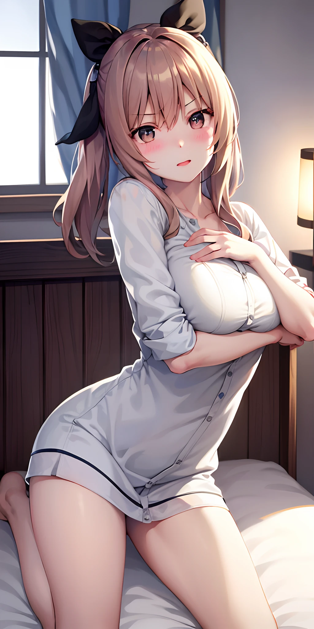 Anime girl in a short dress sitting on a bed - SeaArt AI