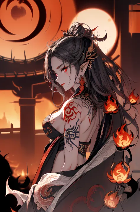 Masterpiece, top quality, Chinese fairy, 1 girl \ (loli \) and iris red dragon,((Chinese dragon glaring at girl)),Ultra detailed dragon:2,dark gray background,red moon,gorgeous cityscape in background, red moon:1,masterpiece, best quality, high quality,(da...