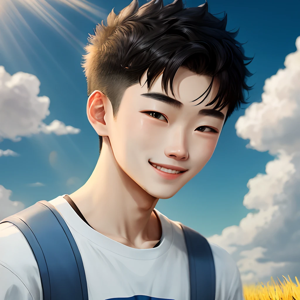 grassy fields，rays of sunshine，with blue sky and white clouds，Libido boy，ssmile，pure，ren，18yr old，love，largeeyes，double eyelid，relaxed，brush cut，short detailed hair，chance meeting