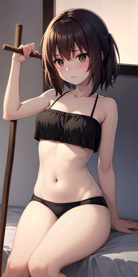A girl lies in bed，the breasts are large，legs are open，The girl's face blushed，The girl is half-naked，The  part has a wooden stick inserted，The girl showed an expression of enjoyment，in a bikini，The girl was facing each other