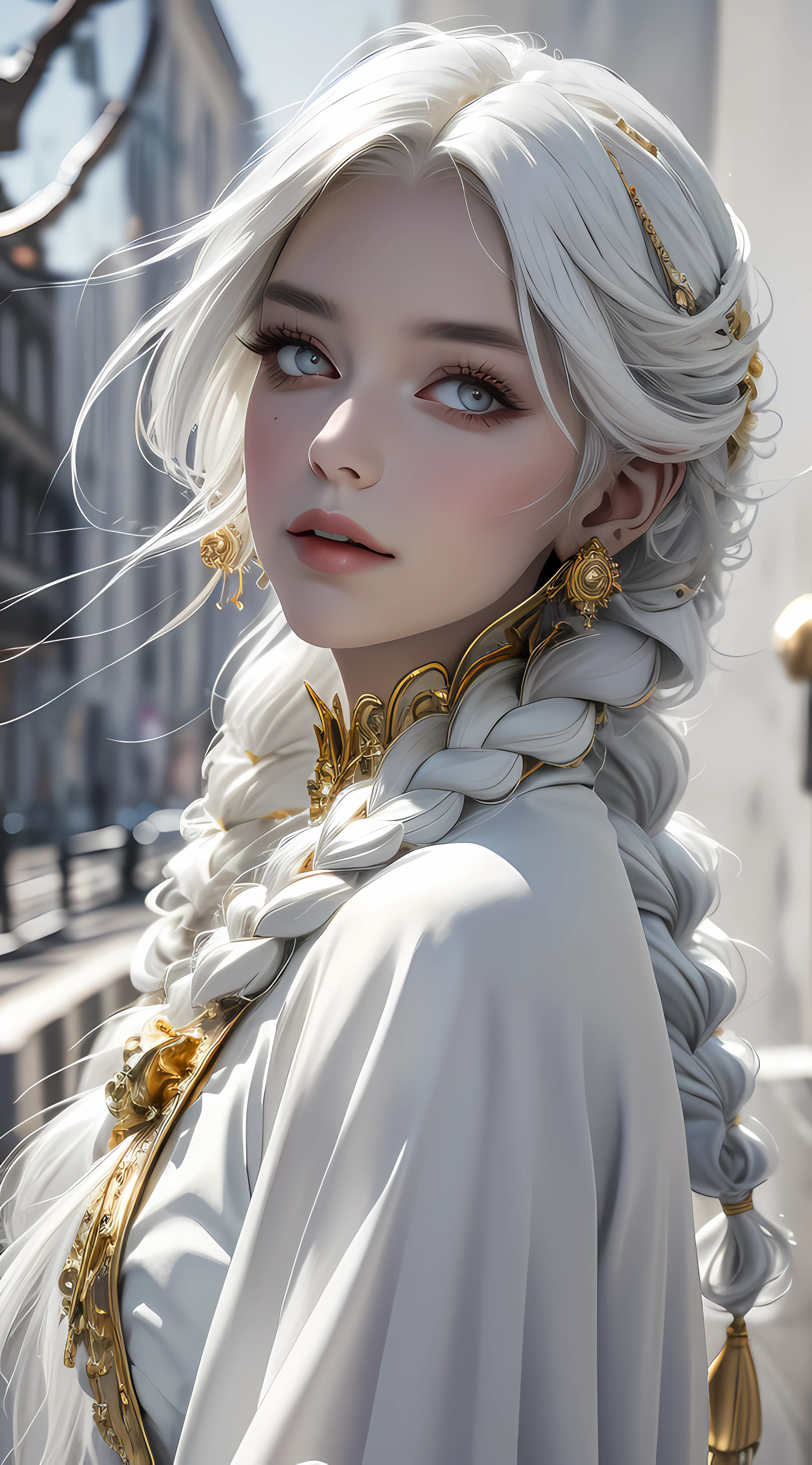 best quality, masterpiece,white hair, gold eyes,white clothes, looking up, upper body,hair strand,Fair skin,side braids