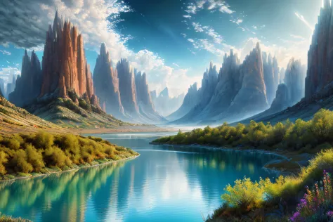 paysage futuriste, Eau, (Highly detailed CG Unit 8k wallpaper), The most beautiful work of art in the world, Professional majestic oil painting, complexe, High detail, mise au point nette, dramatique, Art of photorealist painting,