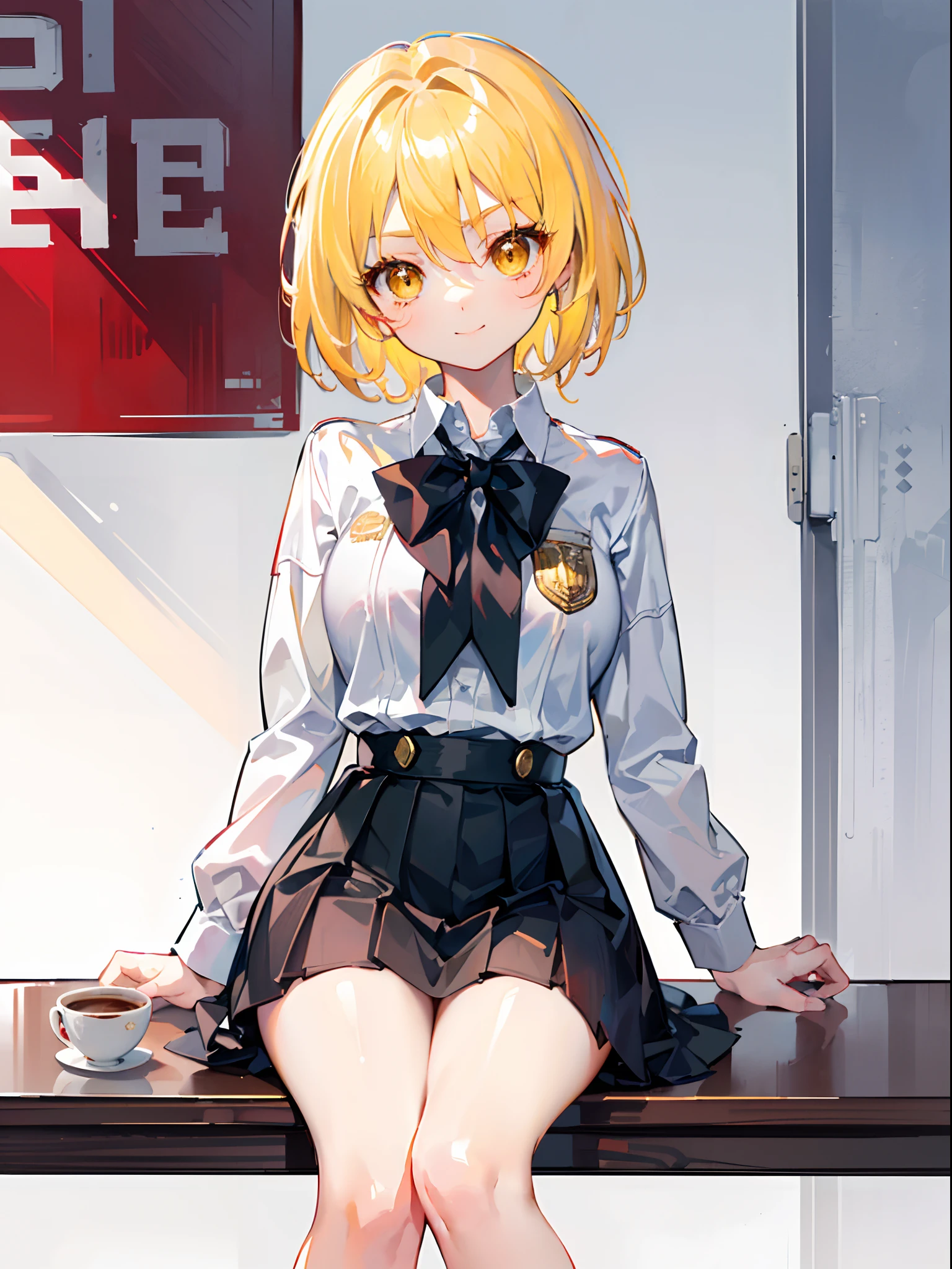 (masterpiece, sidelighting, finely detailed beautiful eyes: 1.2), ((best quality)), ((masterpiece)), (highly detailed:1.3), 1girl, solo, anime, young girl, sitting, left hand on knees, coffee in right hand, humble smile, short golden blonde hair, golden eyes, student uniform,