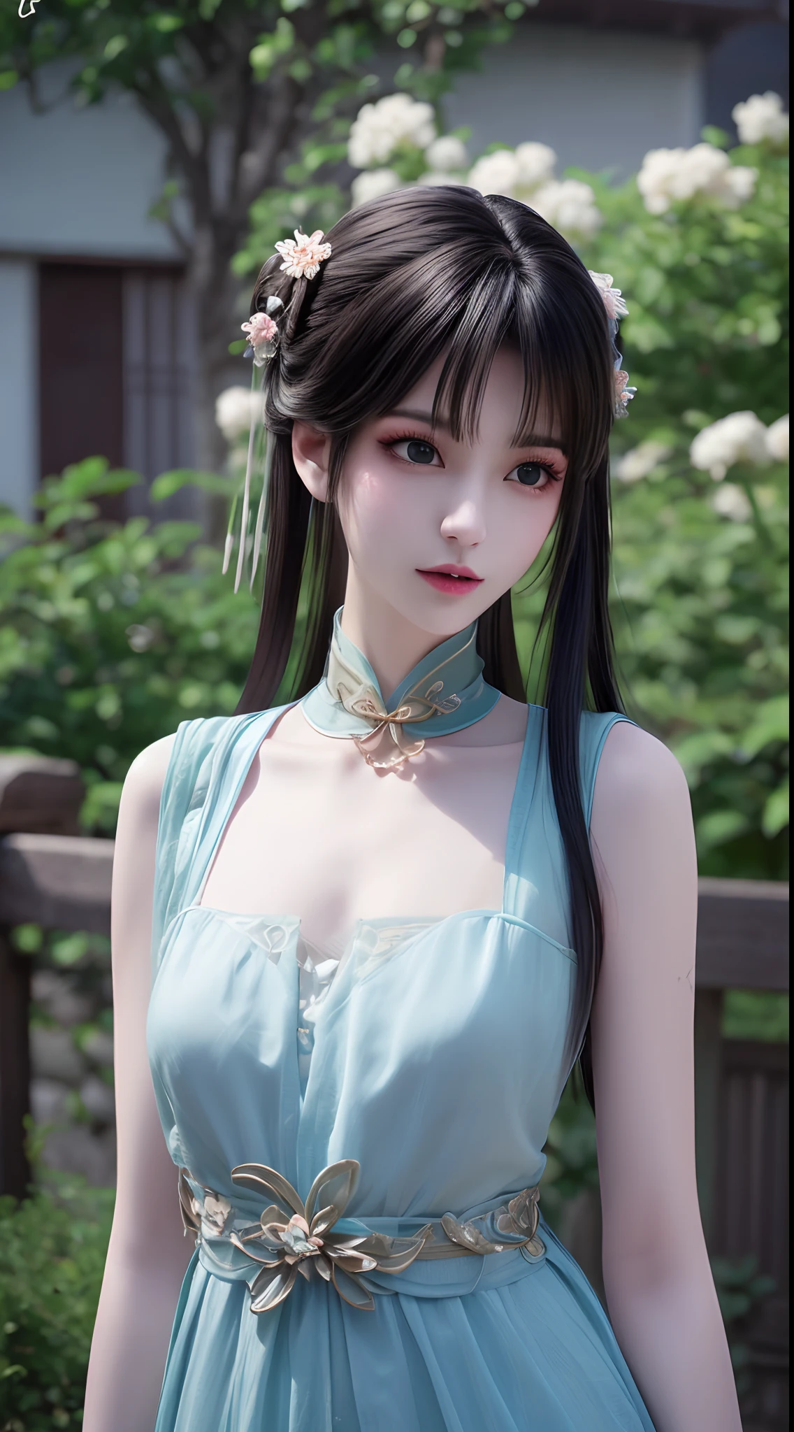 1 beautiful and cute realistic girl, tender young girl, waist length hair, long black hair with a hint of blue, light blue eyes, wearing a long, thin, blue dress with a hanfu style, the dress covered the girl's chest,, style hanfu, wearing a thin silk shirt of ancient China, pink and smooth white skin, wearing a discreet ancient style ao dai, appears shoulders and head in the photo,cute little face, eye bags under wet makeup, plump red lips, pout, ((closed mouth:1.0)), balanced incisors, embarrassed, small face makeup detailed and very beautifull, The breasts are super round and tight, breast augmentation, blum boobs, Cover the girl's chest with a camisole inside, blush, from front, wear earrings, necklaces, from above, looking at viewer, upturned eyes, full body, masterpiece, top quality, best quality, official art, unity 8k wallpaper, highres, ultra-high res, ultra-detailed, (photorealistic:1.2), alone, solo, Only 1 girl, style hanfu Dunhuang, 10x pixels, super realistic, ultra high quality, full body view of the girl, upper body,