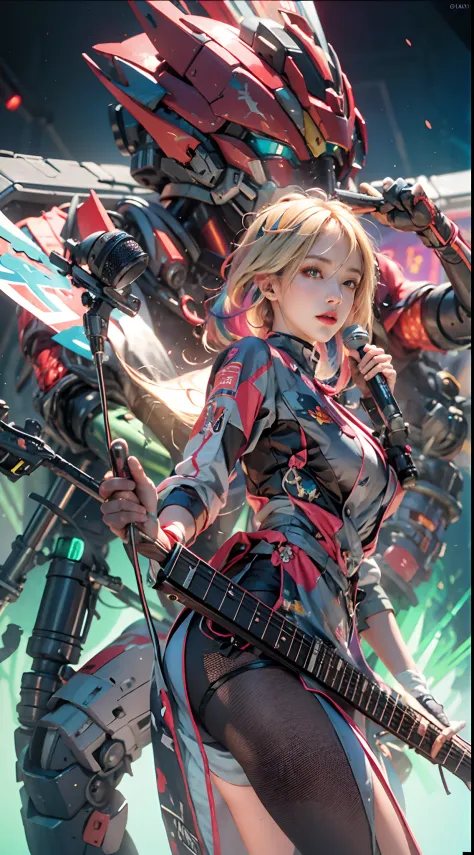Goji, 1girll, Long colored hair, Wear sexy JK outfits, Hand over the red microphone，Stand in front of the half-body Gundam mech ...