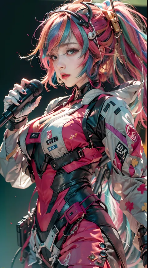 Goji, 1girll, Long colored hair, Wear sexy JK outfits, Hand over the red microphone，Stand in front of the half-body Gundam mech ...